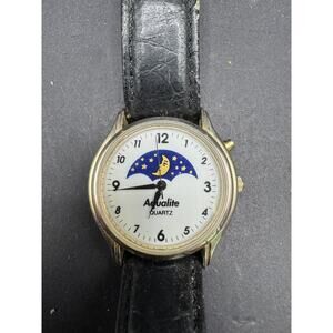 Vintage Aqualite Moon Phase Watch Women Quartz Made Gold Tone Black Leather Band